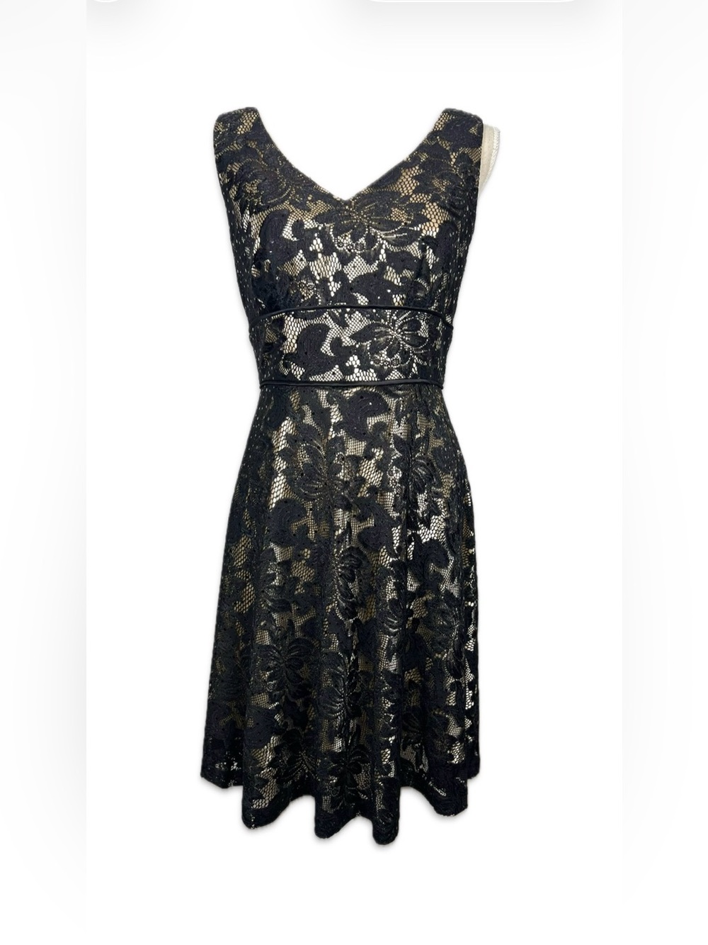 Tahari ASL Black Lace Midi Dress Cream Lining Sleeveless Petite Size 10 Elegant